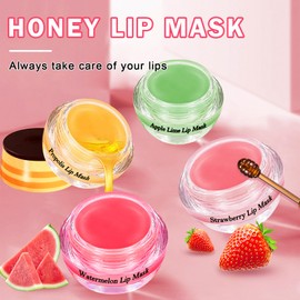 IONSGAKO 4PCS Bee Lip Balm Honey Pot, Honey Strawberry Watermelon Apple Lime Lip Mask Sleeping Honey Lip Mask Overnight Hydrating Propolis Honey Pot Lip Balm for Dry Lips Care