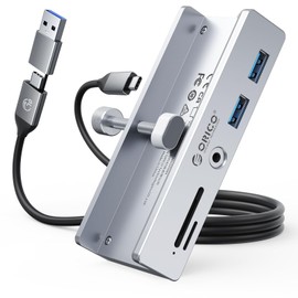 ORICO USB Hub 3.0, Clamp USB Hub with Extra Power Port, Aluminum USB C Adapter with 2 USB-A Data Ports,3.5mm AUX, SD/TF Card Reader for Desktop(Silver)