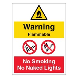 V Safety Warning Flammable/No Smoking/No Naked Lights - Portrait 150 x 200 mm - 2mm Super-Tough Rigid Plastic Safety Sign