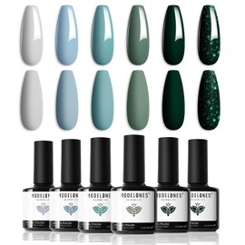 modelones Gel Nail Polish Set - 6 Colors Misty Gray Dark Green Glitter Gel Polish Kit Sage Green Baby Blue Nail Gel Polish Soak Off LED Nail Lamp Gel Nail Kit DIY Home Summer Nails Mani Gift