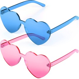 Maxdot 2 Pieces Heart Shape Rimless Sunglasses Transparent Candy Color Frameless Glasses Love Eyewear (Blue, Pink)