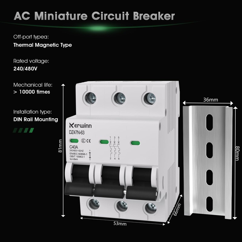 KERWINN 3 Pole Miniature Circuit Breaker,240V/480V AC Circuit Breaker, 32Amp