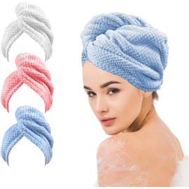 Toalla Microfibra para Cabello 3 Pack, Gorro De Baño Ultra Absorbente con Botones, Turbante De Secado Rápido Anti-Frizz para Mujer, Ideal para Baño, SPA Y Viajes (Blanco, Azul, Rosa)