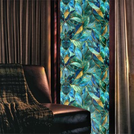 Golden Blue Green Leaf Modern Stained Glass Window Films Decorative Double-Side Privacy Film Self-Adhesive Static Glass Window Clings for Living Room Bathroom Glass Windows Decor
