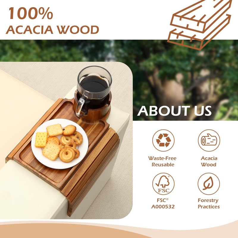 GHKINMAL Couch Cup Holder Tray, Acacia Wood Couch Armrest Table