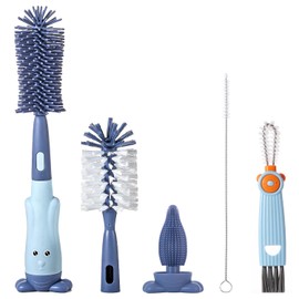 Ariseno 5-in-1 Baby Bottle Brush Set, Bottle Brush for Baby, Baby Bottle Scrubber, Including Silicone & Nylon Bottle Brush, Bottle Cap Brush, Straw Brush, Nipple Brush, BPA-Free (Blue)