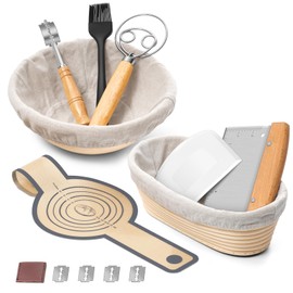 P&P CHEF 9” Round & 10” Oval Bread Proofing Baskets, Complete Sourdough Bread Baking Supplies For Beginners & Pros, Bread Making Tool Kit with Cloth Liner Bread Lame Scraper Brush