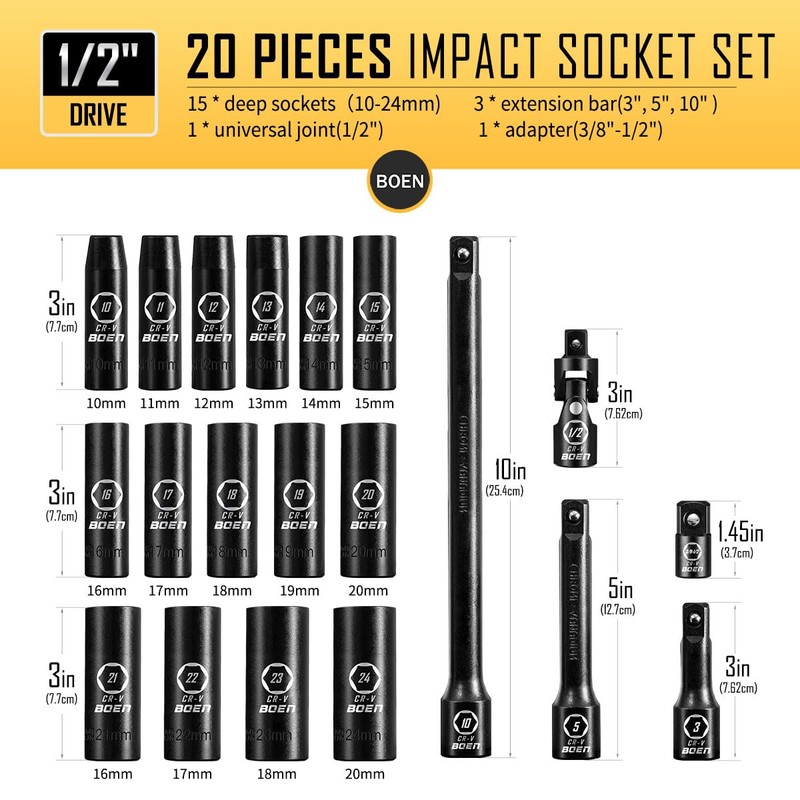 BOEN 1/2" Drive Metric Deep Impact Socket Set, 20 Piece