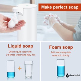 GentleJet EasyFoam Automatic Foaming Soap Dispenser - Rechargeable Automatic Soap Dispenser Touchless for Bathroom or Kitchen, Motion Sensor, 2 Levels, IPX5 Waterproof, 9.5oz (White)