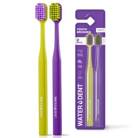 WATER DENT - Cepillo de dientes suave medio para adultos, cerdas redondeadas ultra densas, suaves en las encías, eliminación profunda de la placa dental | sonrisa más blanca, adecuado para aparatos dentales | Pack de 2 multicolor