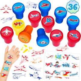 INKSOMOBA 36PCS Airplane Party Favors 24 Tattoos Sticker 12 Stamp Set - Ideal Aircraft Themed Birthday Card Decorations Supplies Goodie Bag Cute Rewards for Girls Classroom Gifts Baby Shower Prizes