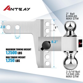 ANTbay Adjustable Trailer Hitch, 6-Inch Drop/Rise Fits 2-Inch Receiver with Dual Ball(2"&2-5/16")-12500 LBS GTW, Aluminum Tow Hitch with Two Anti-Theft Locking Pins for Class III & IV