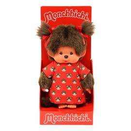 Sekiguchi 221295 Original Monchhichi Girl's Plush Toy with Monchich Dress and Bows, Approx. 20 cm Large Cuddly Toy Made of Brown Plush