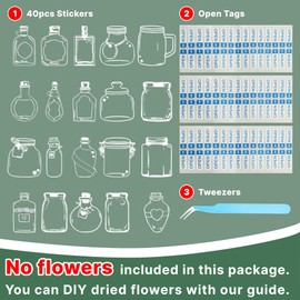 Dried Flower Bookmark Kit, 40Pcs Transparent Dried Flower Bookmarks, DIY Bookmarks with Clear Jars Stickers, Large Size and Instructions (Pressed Flowers Not Included)