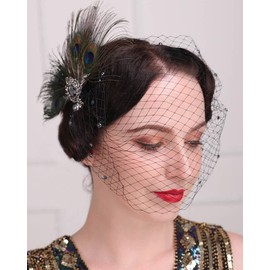 Rumtock Peacock and Black Rhinestones Beads Flapper Accessories Fascinator with Removable Veil Tea Party Cocktail 20s Jewelry (Small)