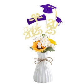 Class of 2025 Graduation Decoration Centerpieces for Tables, 2025 Graduation Table Double-Sided Toppers Party Centerpiece Sticks Party Supplies (16 PCS, Gold & Purple)