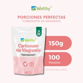 Wellthy Carbonato de Magnesio 150g. Porción equivalente a 375mg de Magnesio, 100 Porciones de 1.5g con Scoop Incluído, Bottle Free.