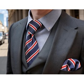 S&W SHLAX&WING Men's Striped Necktie, Blue, Red, Business, 3.5" x 63" Necktie + Pocket Square