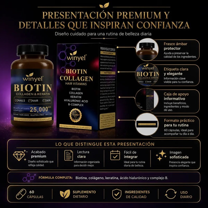 Biotina Colágeno Queratina Ácido Hialurónico 60 Cápsulas