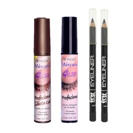 Kit Mascara de pestañas Prosa Profesional Café y Negra con Fórmula 4 en Uno Waterproof + 2 Lápices Delineador de ojos IVY; Negro y café
