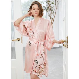 Ledamon Women's 100% Silk Kimono Short Robe (Light pink-A)