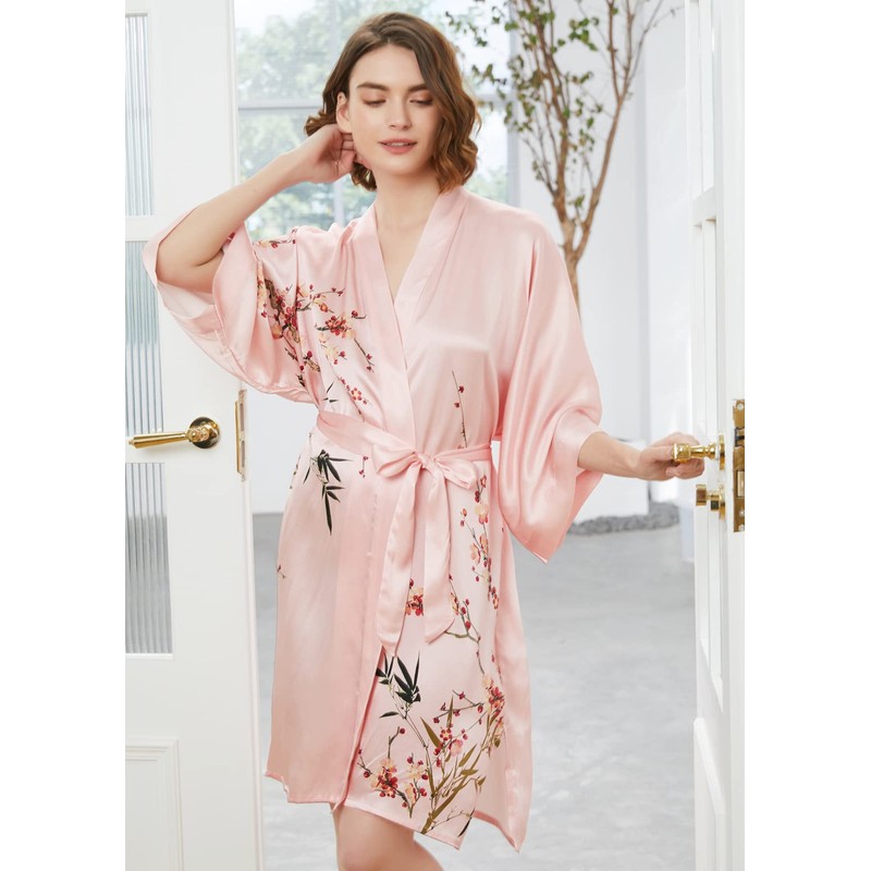 Ledamon Women's 100% Silk Kimono Short Robe (Light pink-A)