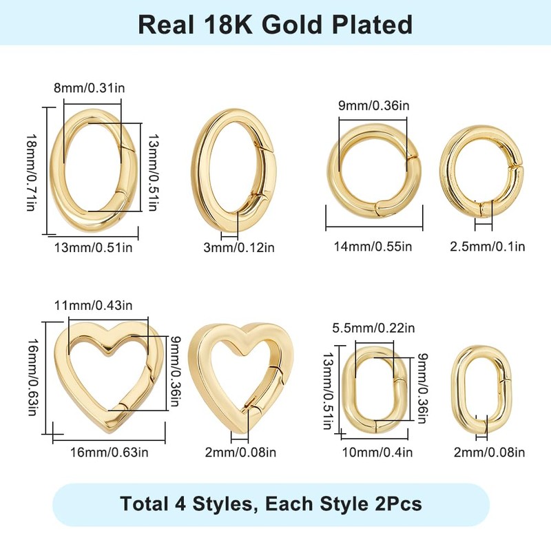 SUNNYCLUE 8Pcs 4 Styles Real 18K Gold Plated Spring O