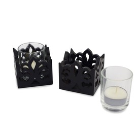 NOVICA Floral Wood and Glass Candle Holder, Brown, 'Thai Fleur-De-Lis' (Pair)
