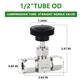 TAISHER 1PCS 304 Stainless Steel Compression Tube Square Straight Needle Valve 1/2" Tube OD x 1/2" Tube OD For Flow Control Water Gas Oil