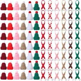 Bencailor 96 Pcs Mini Christmas Hats and Mini Scarf Set, Mini Knitting Doll Hat Scarf Santa Snowman Hat Scarf Ornaments for DIY Craft Art Doll Decoration (Bright Color)
