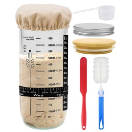 Sauerteig Starter Set, 730ml Sauerteig-Starterglas Set, Sauerteig Glas mit Holzdeckel, Alukappe, Stoffhut, Thermometerpapier, Fütterungsband, Spatel, Bürste & Messlöffel für Anfänger beim Brotbacken