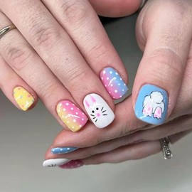 24Pcs Easter Bunny Fake Nails Short Press on Nails Easter Bunny Tail Design False Nails Colorful Square False Nails Full Cover Glossy Stick on Nails for Women Easter Nail Art Decoration