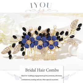 IYOU Flower Bridal Hair Comb Blue Crystal Wedding Slide Combs Pearl Party Bride Hair Pieces Accessories for Women