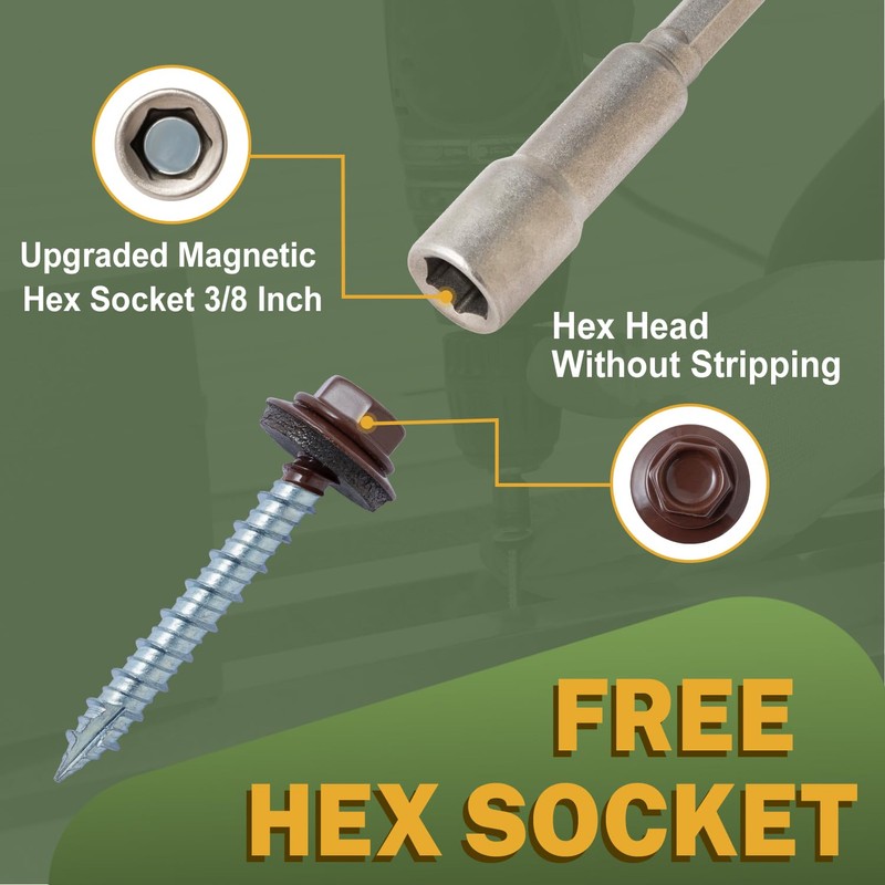 LIONMAX Metal Roofing Screws #14 x 1-1/2 Inch, 300-PCS, Brown