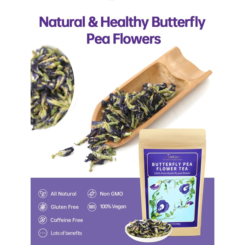 TeeLux Butterfly Pea Flower Tea, Non-GMO, Natural, Premium Dried Butterfly