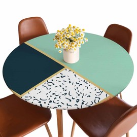 Guxxuil Abstract Art Pattern Round Tablecloth Fashion Green White Black Triangle Fitted Table Cover Washable Tablecloths for Kitchen Dining Party 40-44 inch
