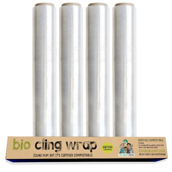 Biodegradable Plastic Wrap Without The Plastic - Corn Starch Kitchen Shrink Wrap with Recycled Packaging, Sealing Wraps from Sandwich Bags to Fridge Storage, 4 x 30m Rolls by Eco Green Living