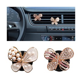 KHGUZ Bling Car Vent Clips, 2PCS Crystal Rhinestone Butterfly Vehicle Air Conditioning Outlet Clamps, Diamond Sparkling Ventilation Charm Decoration, Universal Auto Accessories (Pink+Pink/White)