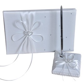 Ptsygantl Wedding Guest Book, Signature Message Book, Ribbon Bow Wedding Guest Signature Book and Pen Holder for Party Birthday Engagement (White)