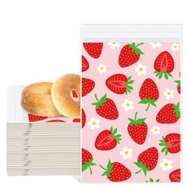 JarThenaAMCS 100Pcs Strawberry Party Treat Bags Self Adhesive Berry Flower Goodie Candy Bag Red Pink Floral Buffet Favor Bags for Sweet One First Birthday Spring Summer Fruit Party Baby Shower