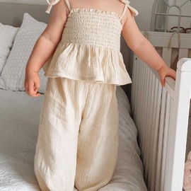 Toddler Baby Girls' 2pcs Outfits Solid Color Sleeveless Tunic Top Boho Linen Pants Set Girls Summer Clothes (Beige, 18-24 Months)