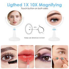 LUKYMIRO 1X 10x Magnifying Mirror with Lights, Double Sided 8" Lighted Makeup Mirror,Rechargeable Light Up Magnification Mirror,3 Color Lighting Adjustable Brightness LED Desk Mirror