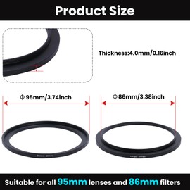 Metal Step Up Ring Filter Adapter - 86mm to 95mm - Metal Ring Step Up Rings Adapter Filter Compatible with All 95mm UV, CPL, ND, Lens Hood, Threaded Lens ect