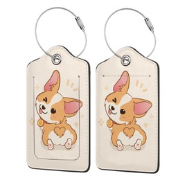 2 Pack Luggage Tags Cute Corgi Cartoon Animal Dog Pet Suitcase Leather Privacy Cover Id Label with Stainless Steel Loop for Women Men Travel