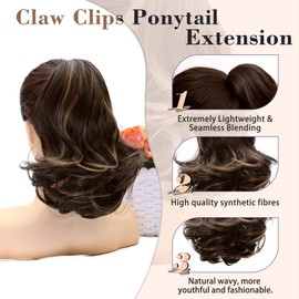 MOCA HAIR Ponytail Extension,Dark Brown Mixed Chestnut 12 Inch Claw Clip Ponytail Extension, Soft Wavy Curly Clip on Ponytails for Women Heat Resistant Synthetic Hairpiece for Daily Use
