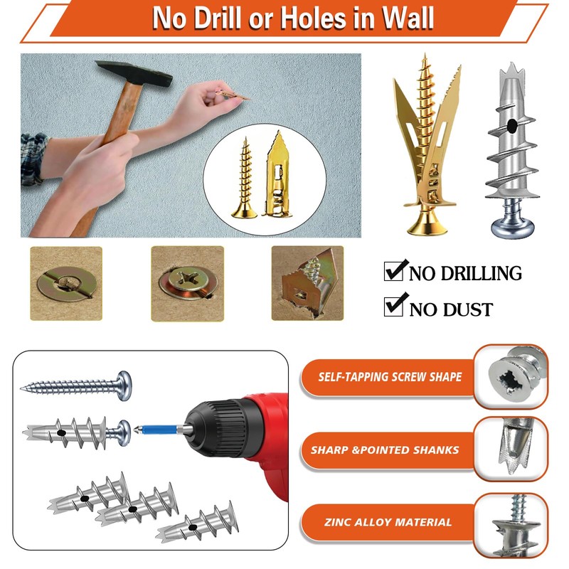 460PCS Self Drilling Drywall Anchors with Screws Kit,5-Sizes Metal Expansion