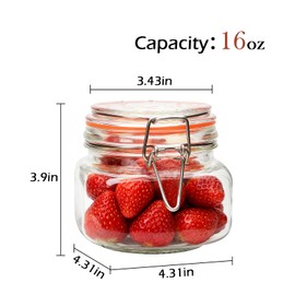 Encheng 16 oz Glass Jars With Airtight Lids And Leak Proof Rubber Gasket,Wide Mouth Mason Jars With Hinged Lids For Kitchen,Glass Storage Containers 6 Pack