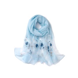 STARWHISPER Women Silk & Wool Long and Large Scarf Shawl Wrap For Evening Dress (Flower Embroidery Light Blue)