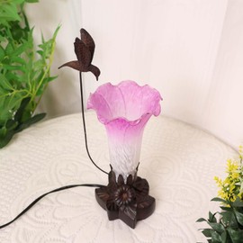 Bieye LL03 Hummingbird Flying Over Lily Flower Blown Glass Table Lamp for Home Decor (White Purple, 4.25Wx12H)