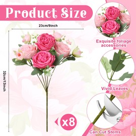 Ovveroche 8 Pack Pink, Hot Pink Peonies Artificial Flowers, Fake Silk Hydrangea Bouquet for Bridal Wedding Home Table Decor Reusable Dining Opening Ceremony Birthday Arrangement Faux Floral